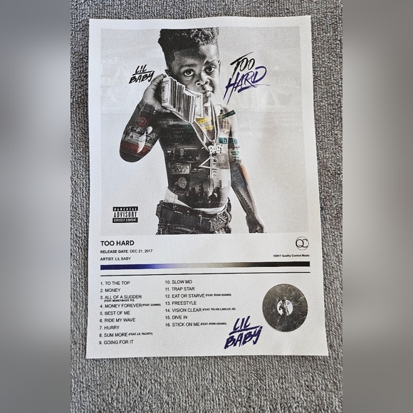 Other - Lil baby, too hard,  canvas poster, album cover with track list. New without tag